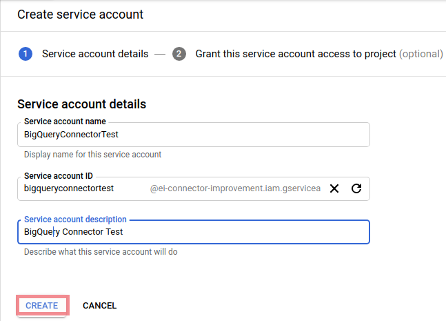 Bigquery enter service account