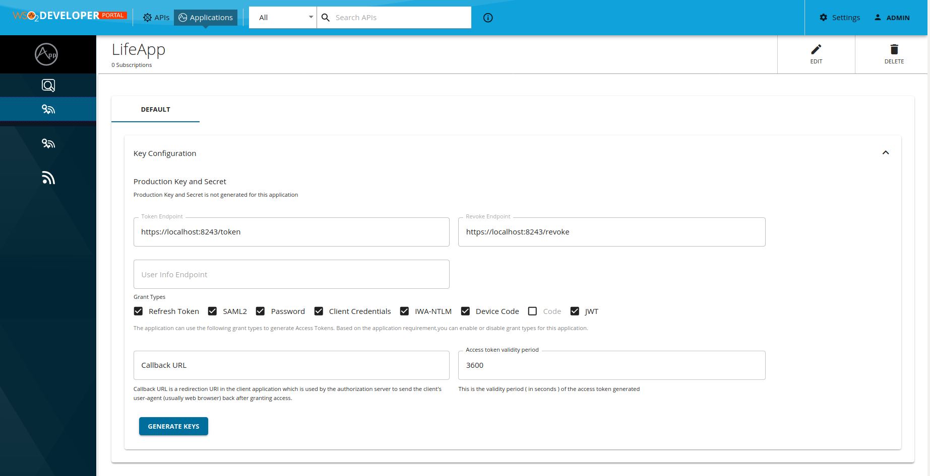 Generate keys for an application