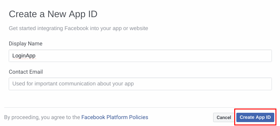 Create new facebook app