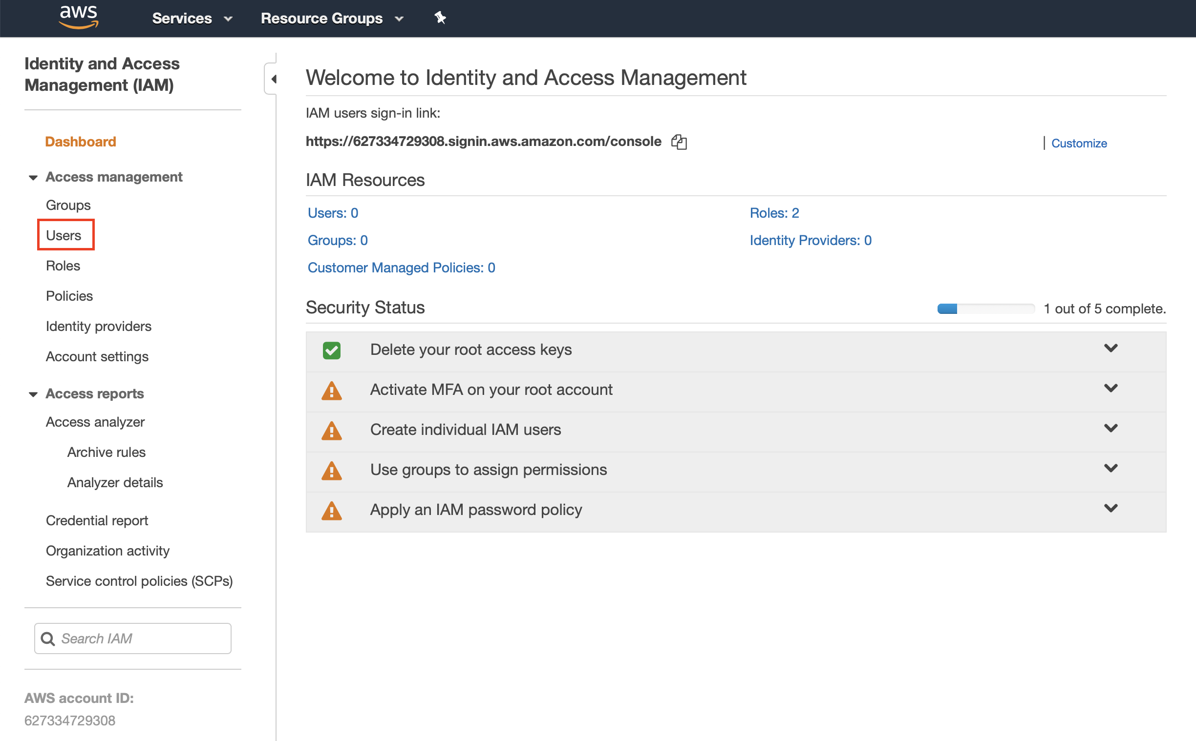 AWS IAM console